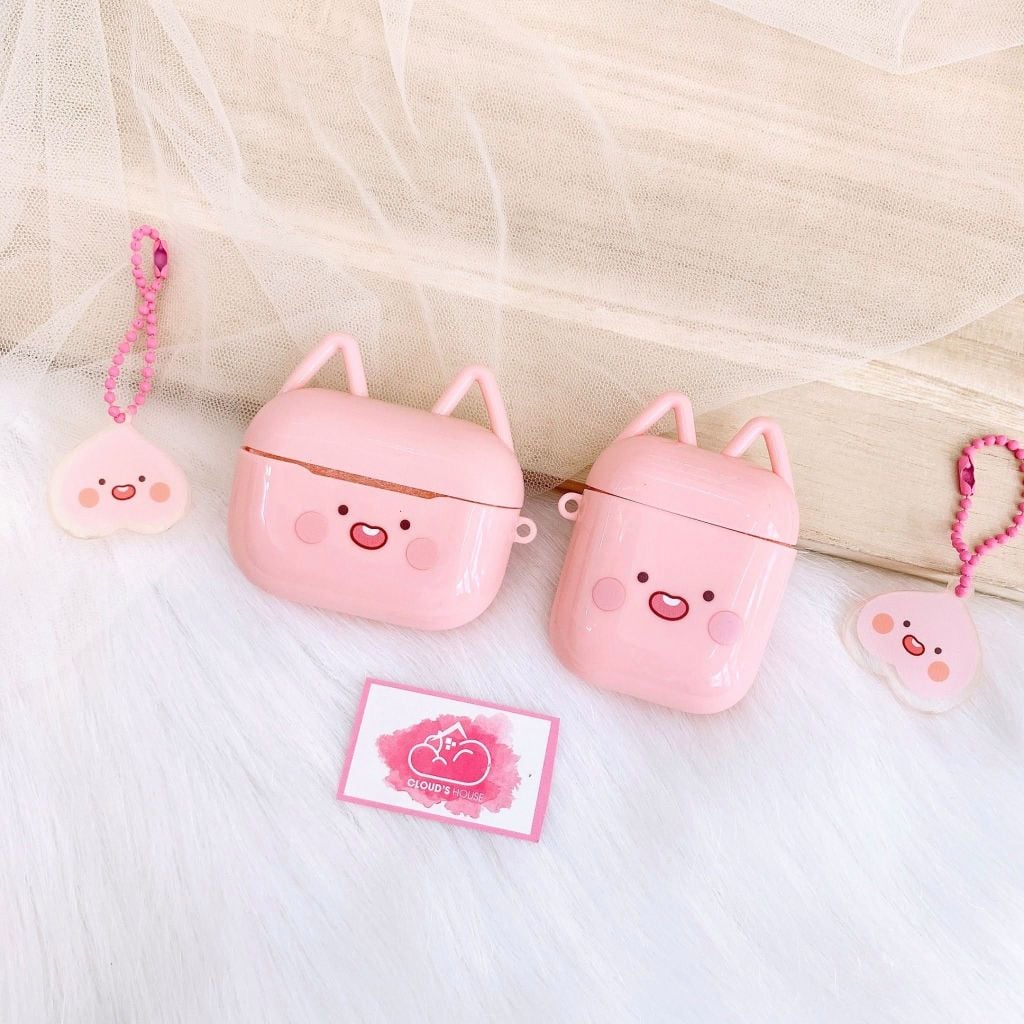 Cover Case Vỏ bảo vệ Airpod Tai Thỏ Trắng - Hồng Form Tròn Airpod 1/2/3/Pro/Pro2