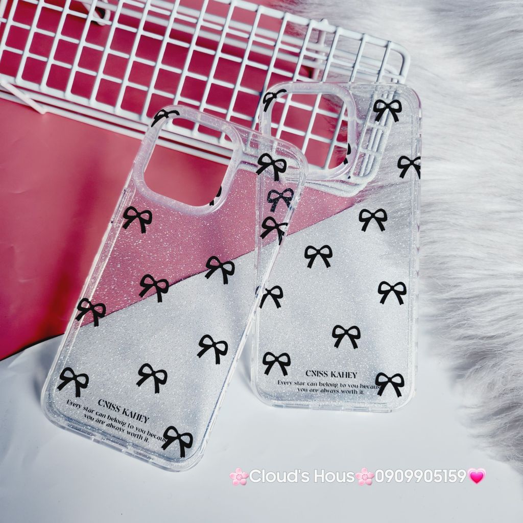 Case Ốp điện thoại iPhone Trong Bling Bling nơ đen đính đá lấp la lấp lánh iPhone 11/12/13/14/15/Pro/Promax