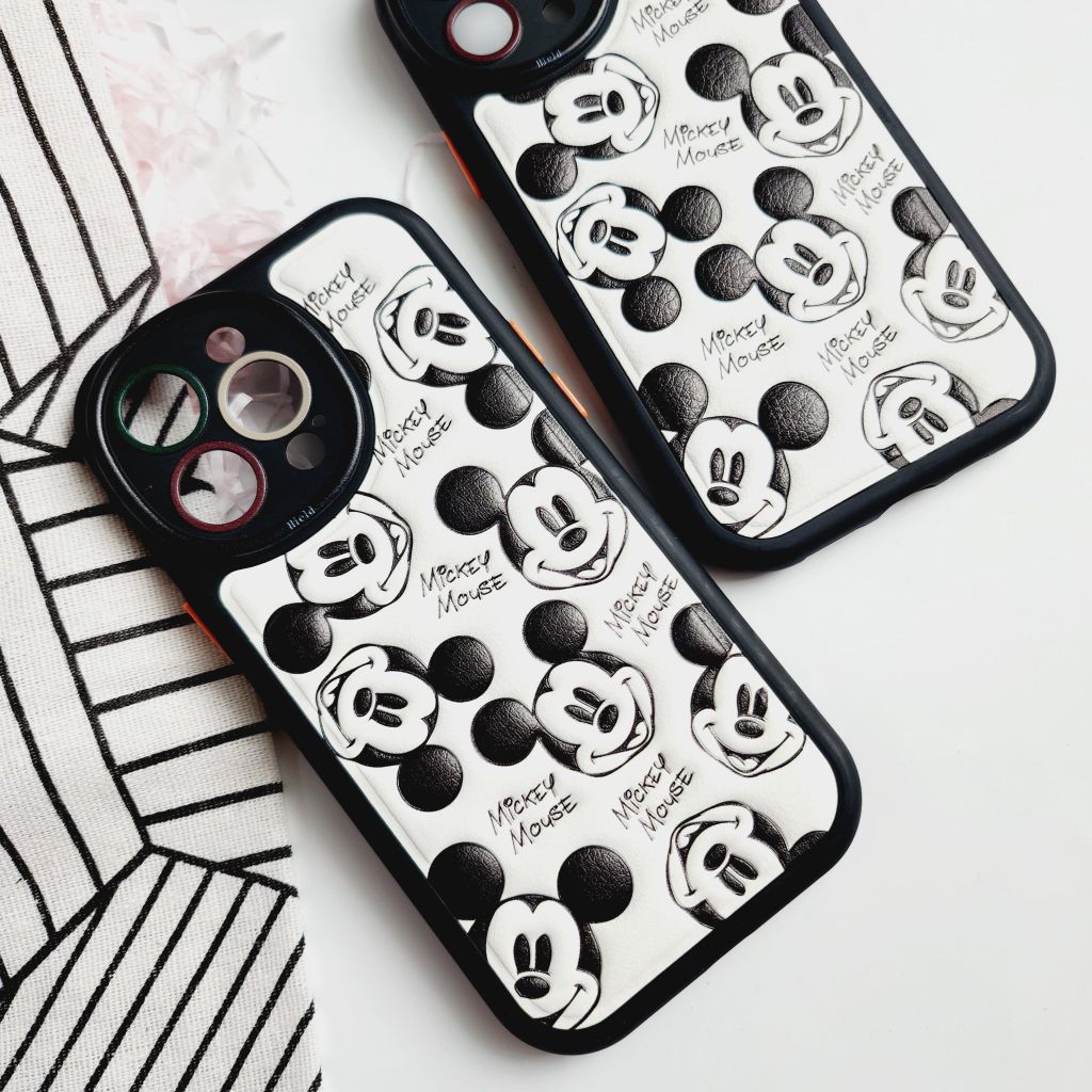 Case Ốp điện thoại iPhone Nhám Da Mickey Trắng Đen Dập chìm nổi iPhone 13Pro