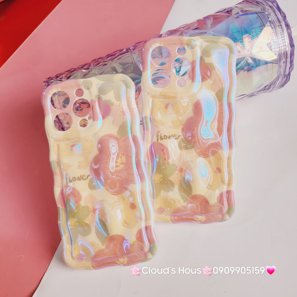 Case Ốp điện thoại iPhone HOA Hologram nền vàng Nổi Viền Gợn Sóng iPhone 12/13/14/15/Pro/Promax