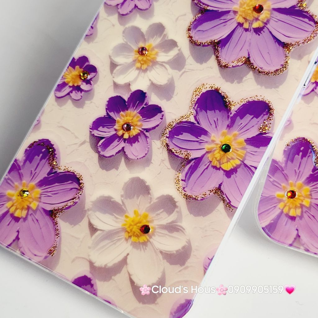 Case Ốp điện thoại iPhone Hoa Hologram Tím - Trắng Nền Trắng Đính đá Camera iPhone 11/12/13/14/15/pro/Promax