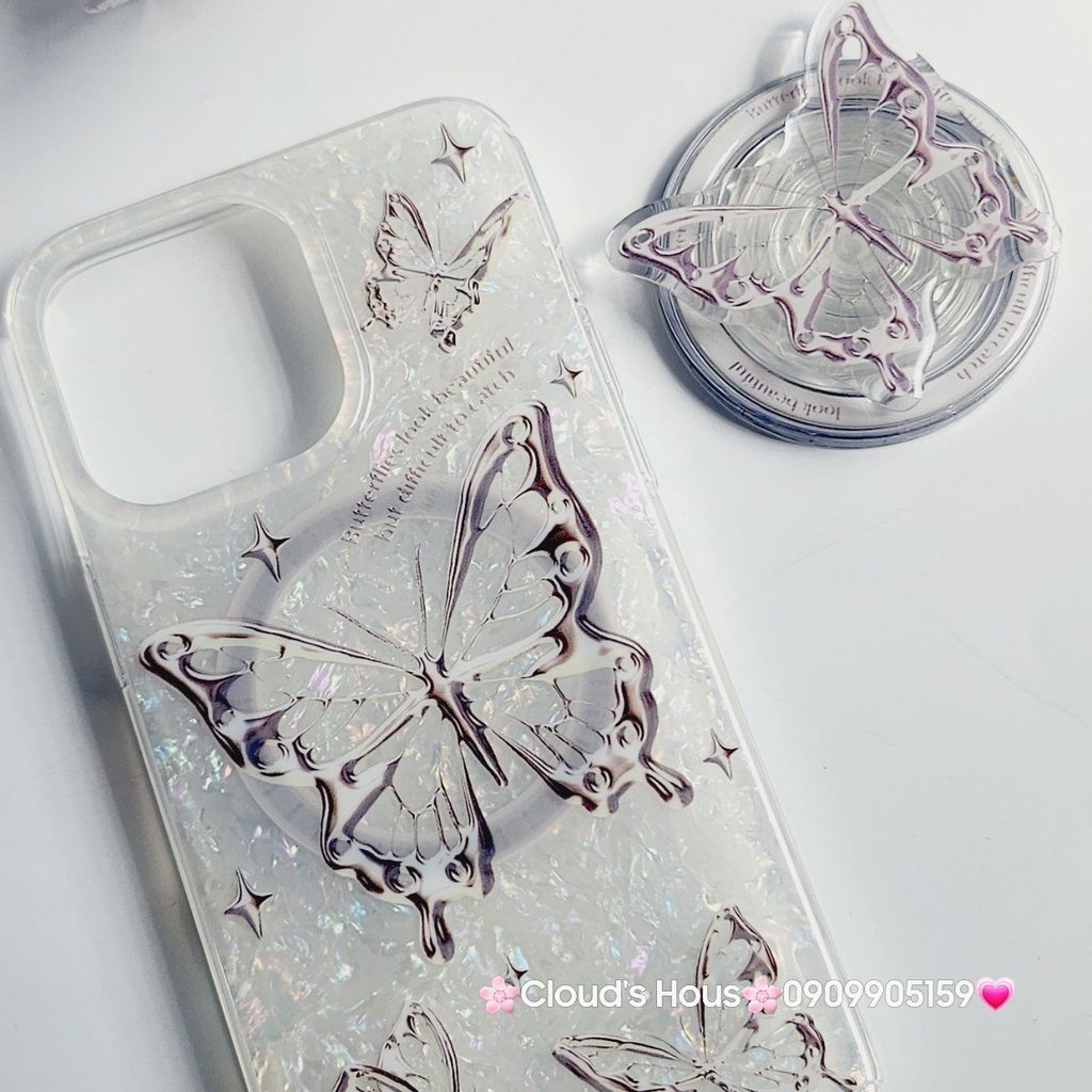 Case Ốp điện thoại iPhone Magsafe Bướm Đen Ánh Xà Cừ Trắng Kèm Popsocket Nam Châm iPhone 11/12/13/14/15/Pro/Promax