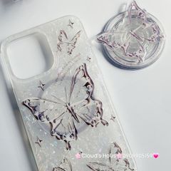 Case Ốp điện thoại iPhone Magsafe Bướm Đen Ánh Xà Cừ Trắng Kèm Popsocket Nam Châm iPhone 11/12/13/14/15/Pro/Promax