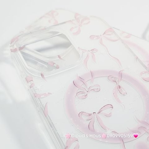 Case Ốp điện thoại iPhone Magsafe Nền Trắng Nơ Hồng PopSocket iPhone 12/13/14/15/16/Pro/Promax