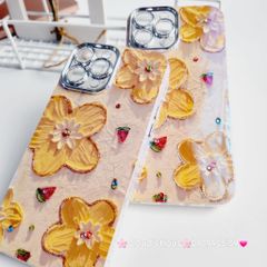 Case Ốp điện thoại iPhone HOA Nền Vàng Hologram Bảo vệ Camera Đính Đá iPhone 11/12/13/14/15/Pro/Promax