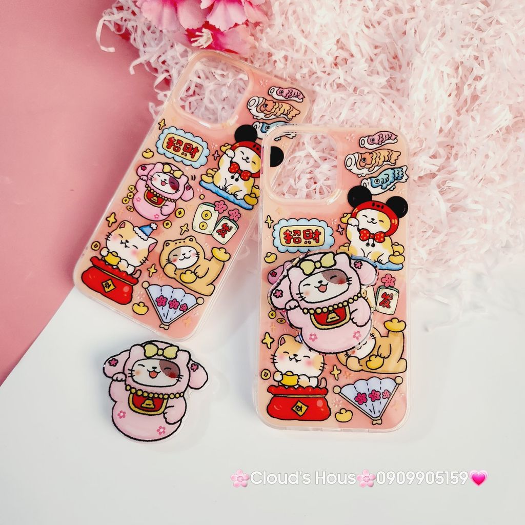 Case Ốp điện thoại iPhone Mèo May Mắn Thần Tài Túi Tiền Kèm Popsocket dán iPhone 11/12/13/14/15/Pro/Promax