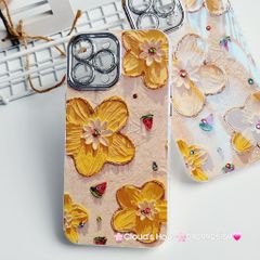 Case Ốp điện thoại iPhone HOA Nền Vàng Hologram Bảo vệ Camera Đính Đá iPhone 11/12/13/14/15/Pro/Promax