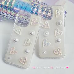 Case Ốp điện thoại iPhone Bling Bling icon Trái Tim ngọc trai nổi iPhone 11/12/13/14/Pro/Promax