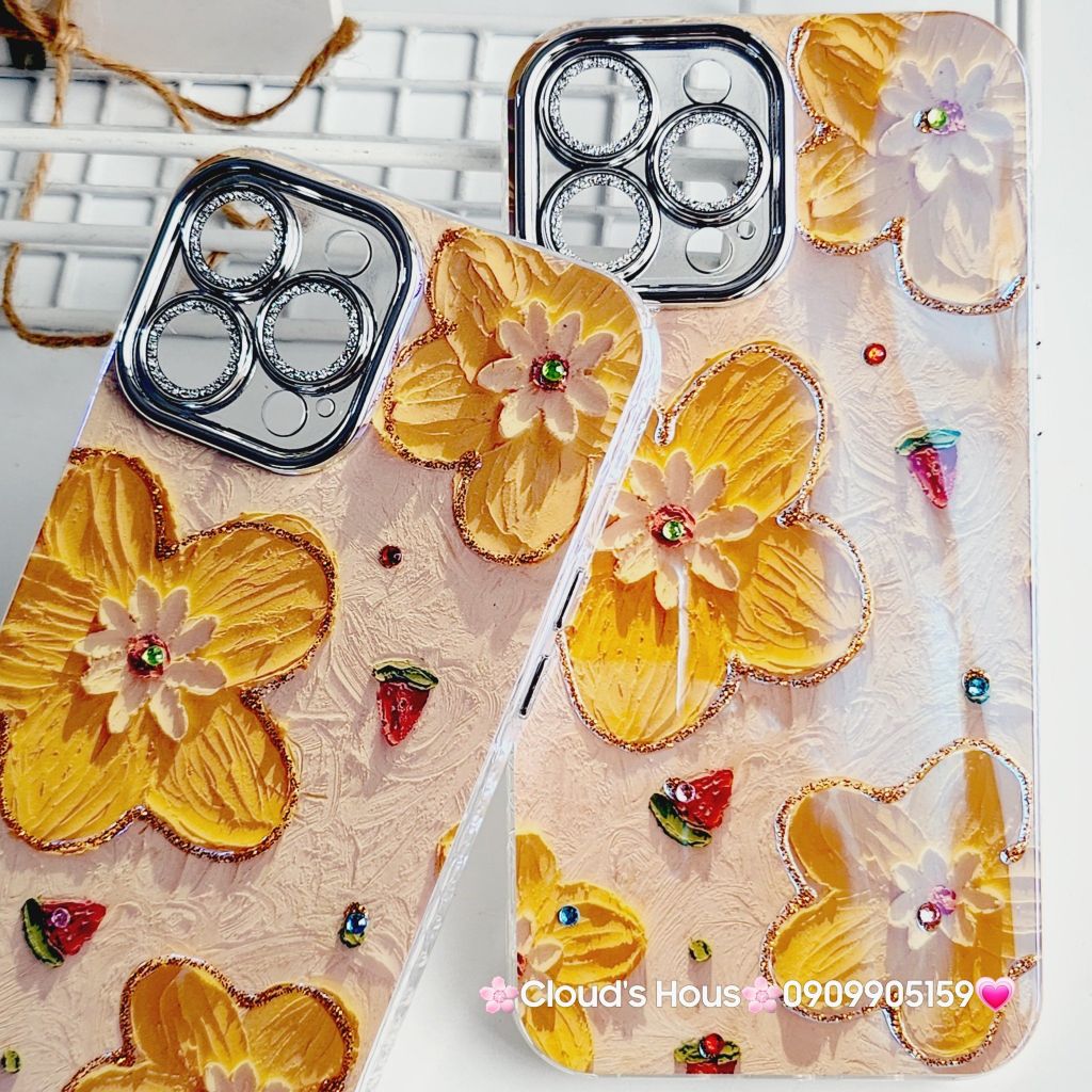 Case Ốp điện thoại iPhone HOA Nền Vàng Hologram Bảo vệ Camera Đính Đá iPhone 11/12/13/14/15/Pro/Promax