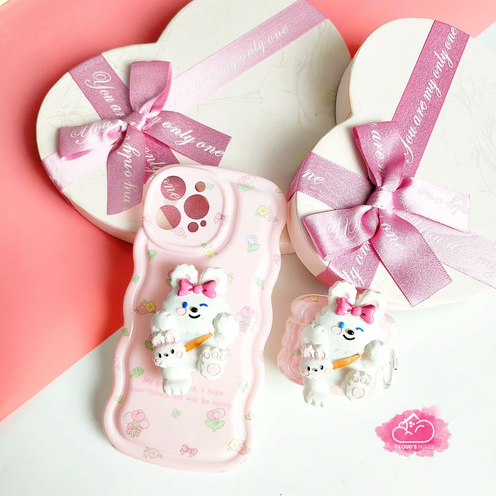 Case Ốp điện thoại iPhone Thỏ Hồng Kute + popsocket Chất phao Viền gợn sóng iPhone 11/12/13/14/Pro/Promax