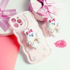 Case Ốp điện thoại iPhone Thỏ Hồng Kute + popsocket Chất phao Viền gợn sóng iPhone 11/12/13/14/Pro/Promax