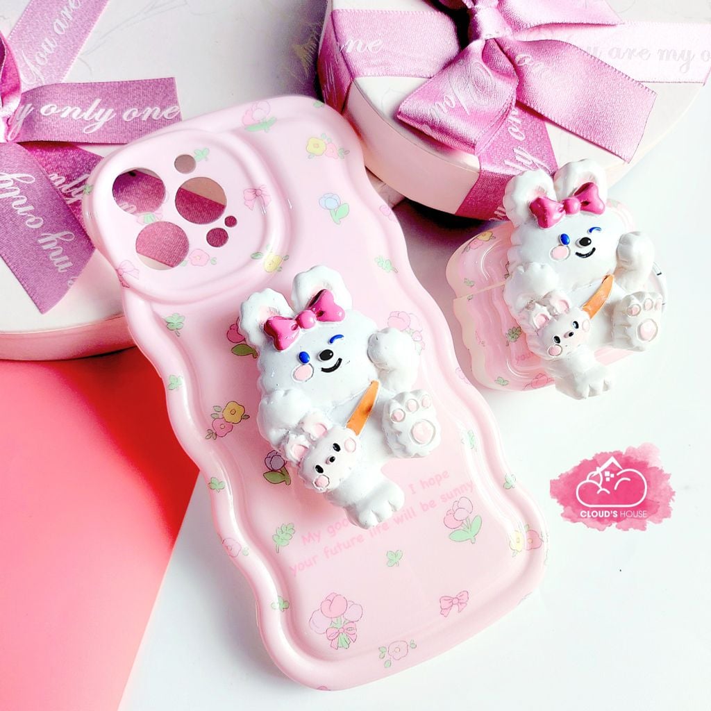 Case Ốp điện thoại iPhone Thỏ Hồng Kute + popsocket Chất phao Viền gợn sóng iPhone 11/12/13/14/Pro/Promax