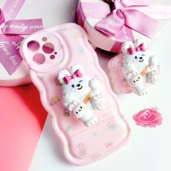 Case Ốp điện thoại iPhone Thỏ Hồng Kute + popsocket Chất phao Viền gợn sóng iPhone 11/12/13/14/Pro/Promax