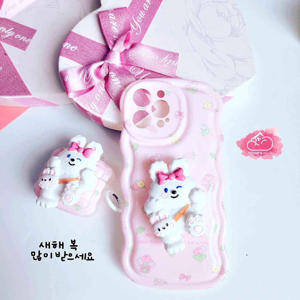 Case Ốp điện thoại iPhone Thỏ Hồng Kute + popsocket Chất phao Viền gợn sóng iPhone 11/12/13/14/Pro/Promax