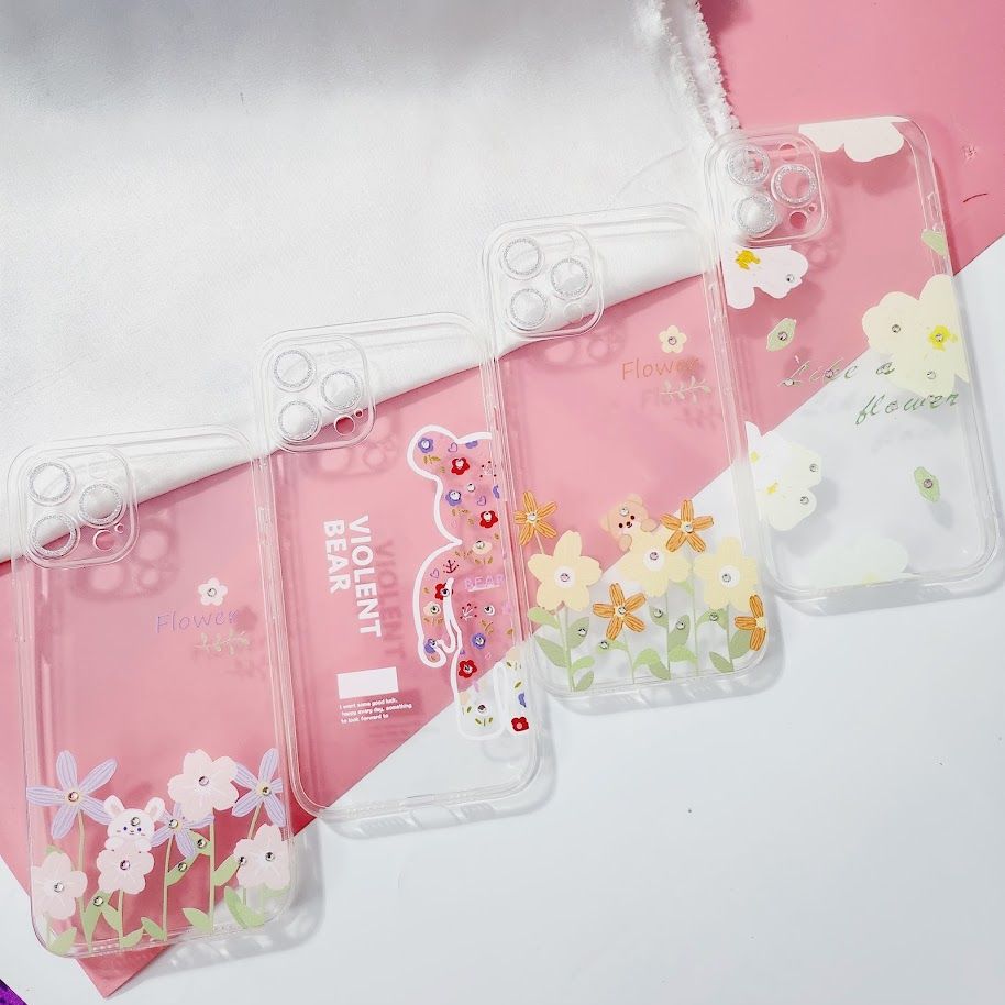 Case Ốp điện thoại iPhone Trong Hình Hoa Viền Cam Bảo Vệ Đính Đá (Hộp REKY) iPhone 12/13/Pro/Promax