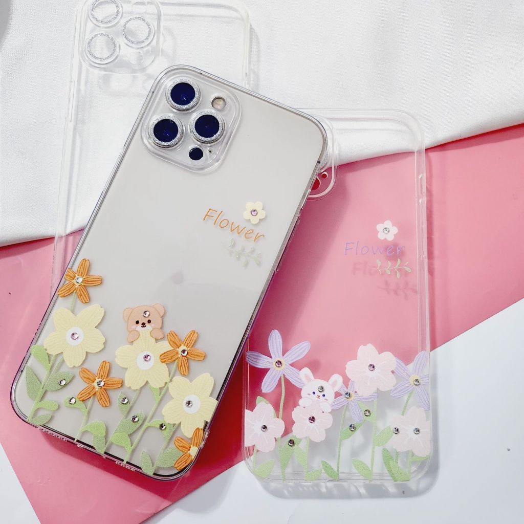 Case Ốp điện thoại iPhone Trong Hình Hoa Viền Cam Bảo Vệ Đính Đá (Hộp REKY) iPhone 12/13/Pro/Promax
