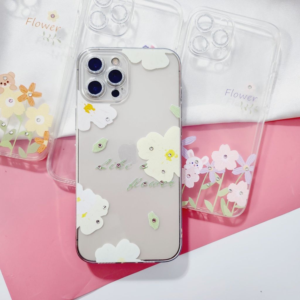 Case Ốp điện thoại iPhone Trong Hình Hoa Viền Cam Bảo Vệ Đính Đá (Hộp REKY) iPhone 12/13/Pro/Promax