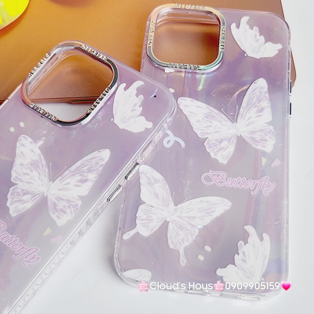 Case Ốp điện thoại iPhone Bướm Trắng Butterfly Ánh Xà Cừ Nền Hồng kèm bảo vệ camera đính đá iPhone 11/12/13/14/15/Pro/Promax