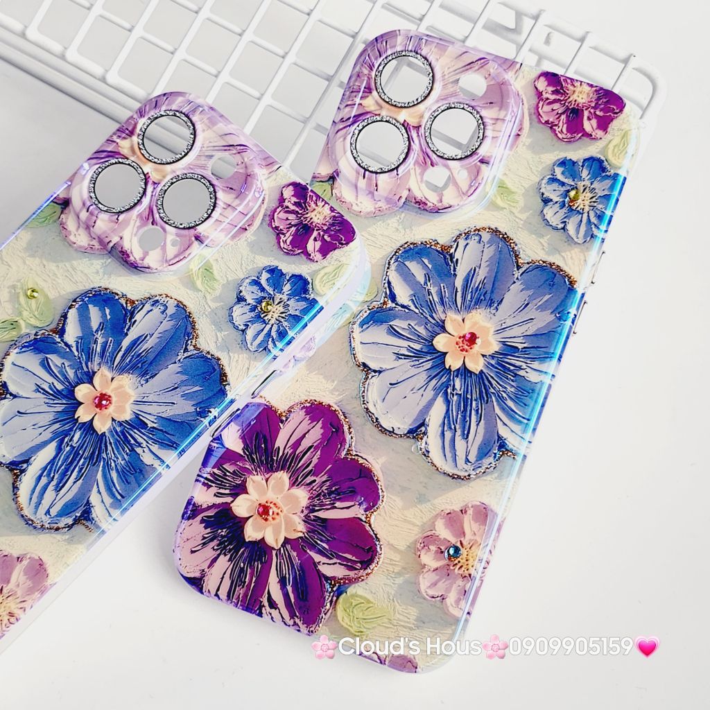 Case Ốp điện thoại iPhone Hoa Hologram nền xanh lá viền nhám bảo vệ cụm camera đính đá iPhone 11/12/13/14/15/Pro/Promax