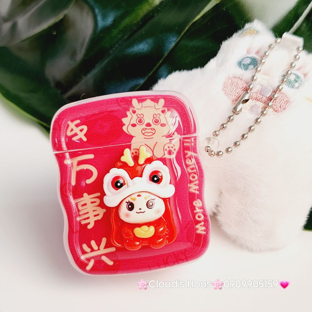 Cover Case Vỏ bảo vệ Airpod Lân Đỏ Cầm Thỏi Vàng Airpod 1/2/3/Pro/Pro2 - TẾT