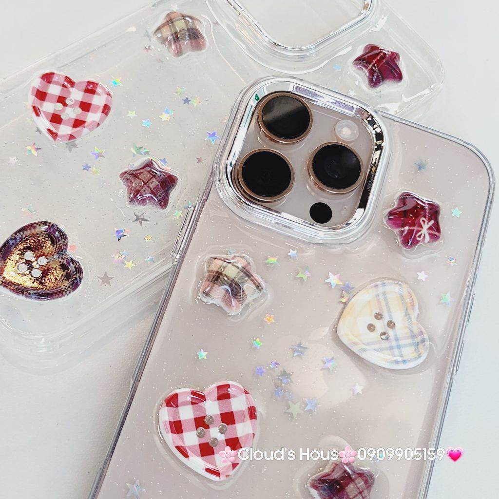 Case Ốp điện thoại iPhone Trong Icon Nổi Trái Tim Ngôi Sao Bling Bling Case iPhone 12/13/14/15/16/Pro/Promax