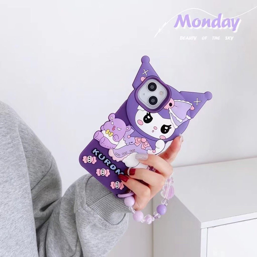 Case Ốp điện thoại iPhone Kuromi Su dẻo Chống shock Kèm dây đeo điện thoại iPhone 11/12/13/14/Pro/Promax