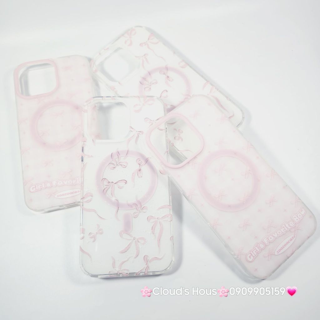 Case Ốp điện thoại iPhone Magsafe Nền Hồng Nơ Hồng Girl's Favorite Bow ZoozooCase iPhone 12/13/14/15/16/Pro/Promax