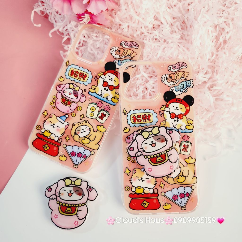Case Ốp điện thoại iPhone Mèo May Mắn Thần Tài Túi Tiền Kèm Popsocket dán iPhone 11/12/13/14/15/Pro/Promax