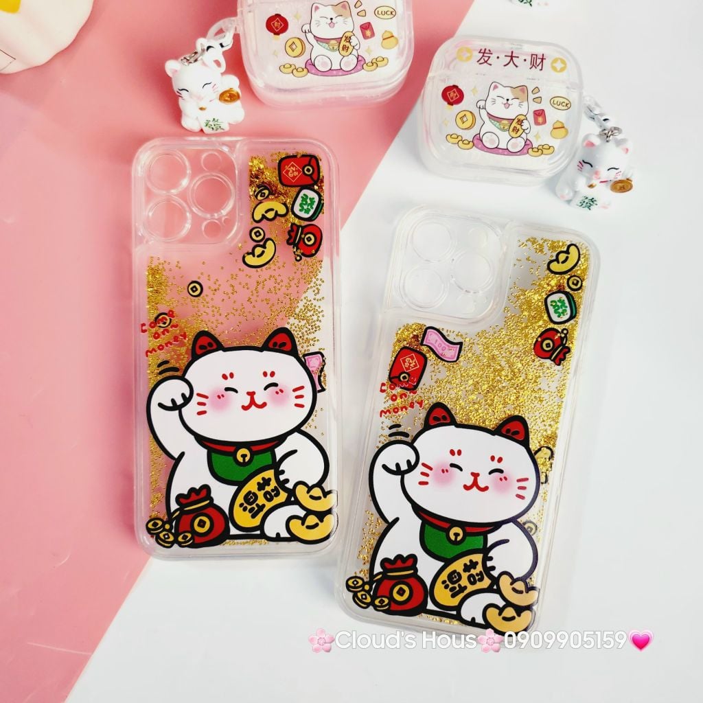 Case Ốp điện thoại iPhone Mèo May Mắn Nước Bling Bling iPhone 11/12/13/14/15/Pro/Promax - TẾT