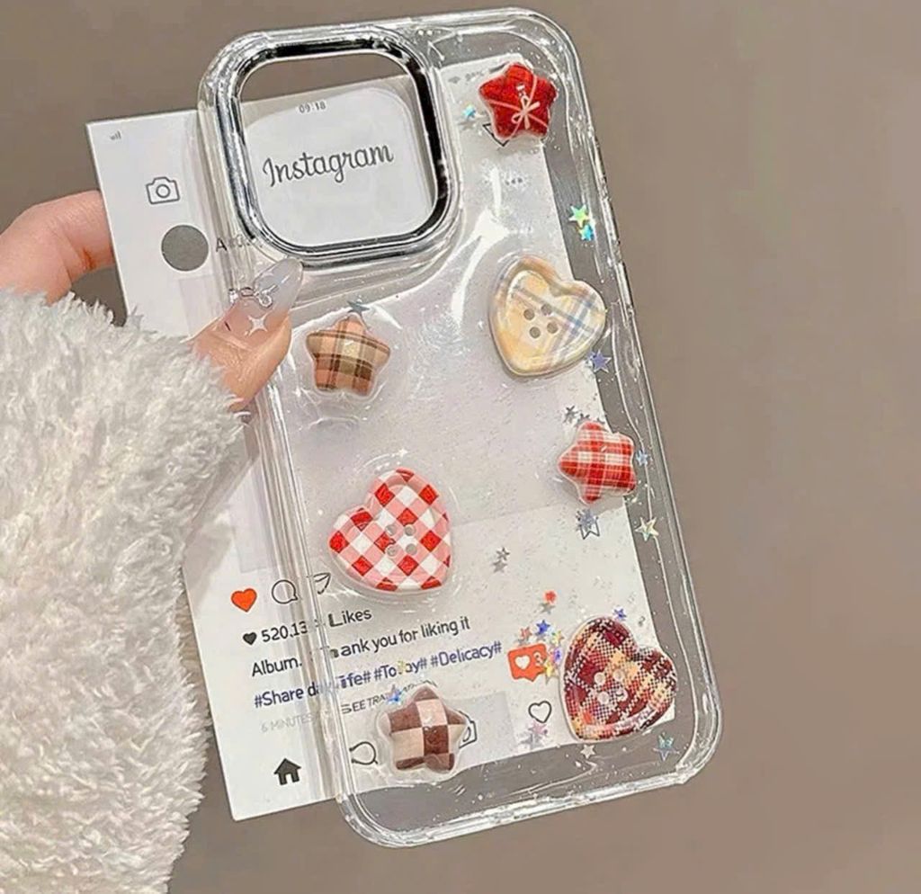 Case Ốp điện thoại iPhone Trong Icon Nổi Trái Tim Ngôi Sao Bling Bling Case iPhone 12/13/14/15/16/Pro/Promax