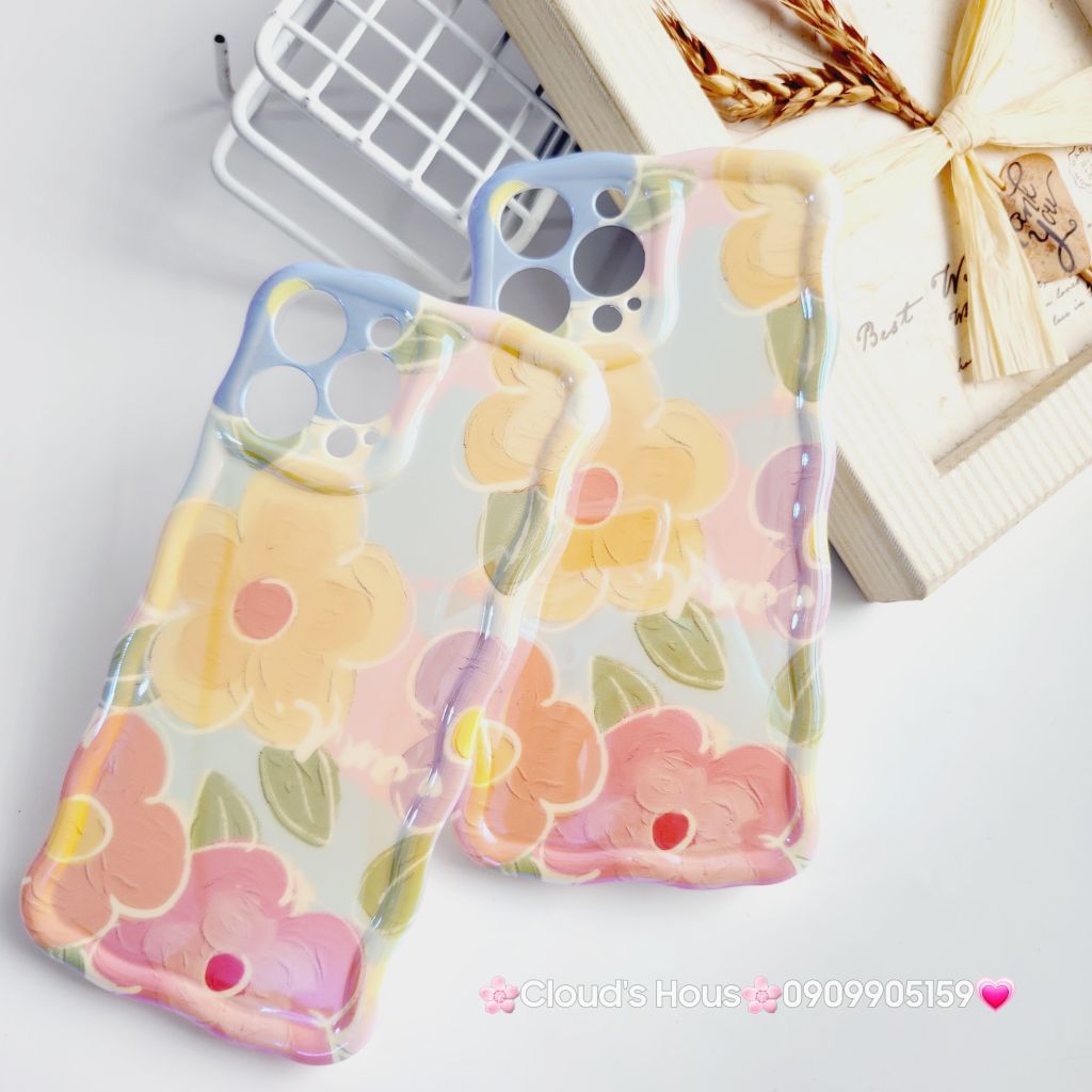 Case Ốp điện thoại iPhone Hoa Hologram Nền Xanh lá Viền Gợn Sóng iPhone 11/12/13/14/15/Pro/Promax