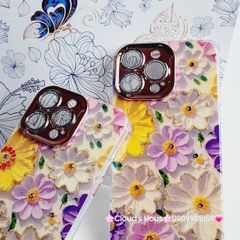 Case Ốp điện thoại iPhone Hoa Hologram nền trắng hoa ngũ sắc viền nhám bảo vệ cụm camera đính đá iPhone 11/12/13/14/15/Pro/Promax
