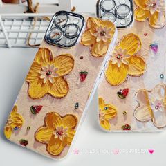 Case Ốp điện thoại iPhone HOA Nền Vàng Hologram Bảo vệ Camera Đính Đá iPhone 11/12/13/14/15/Pro/Promax