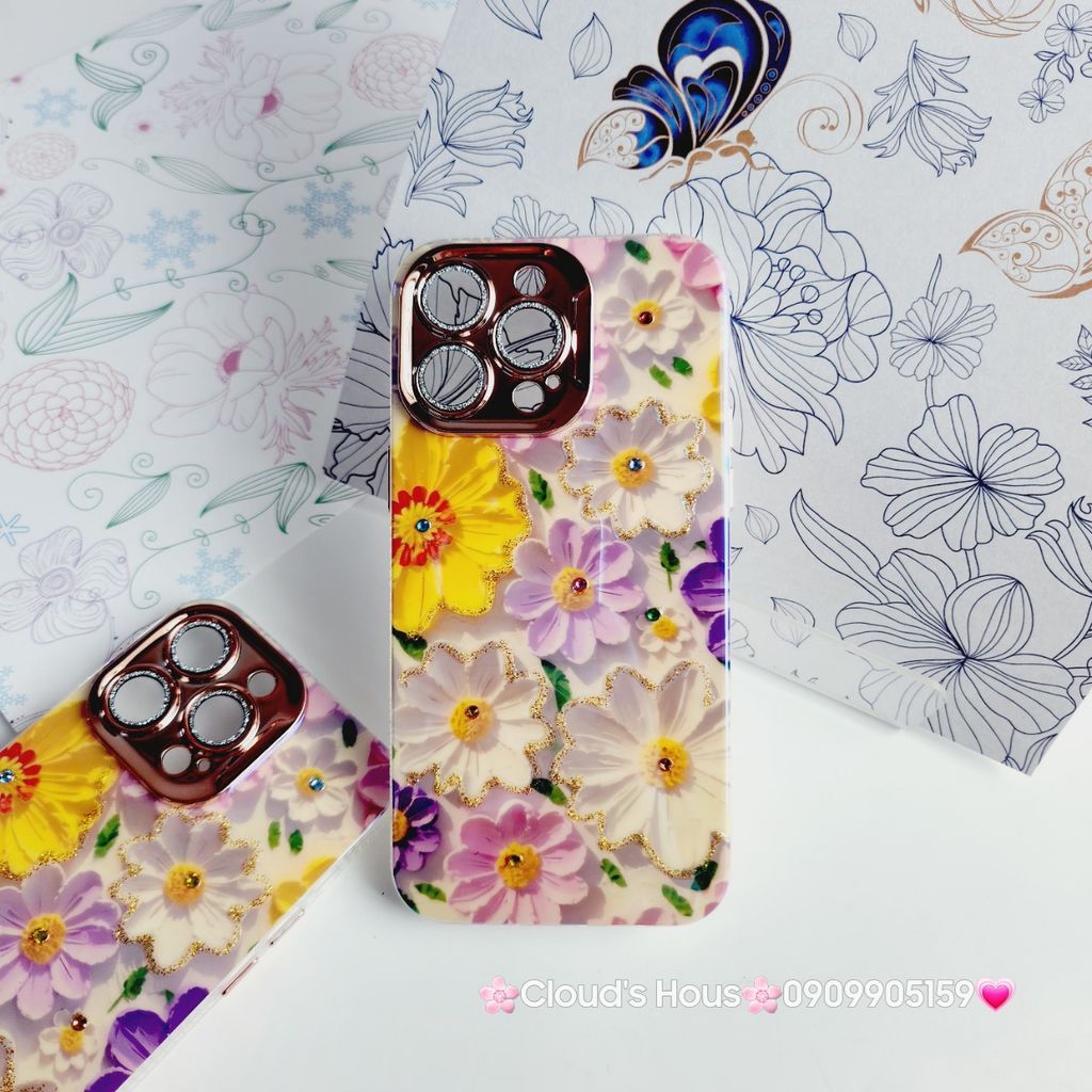 Case Ốp điện thoại iPhone Hoa Hologram nền trắng hoa ngũ sắc viền nhám bảo vệ cụm camera đính đá iPhone 11/12/13/14/15/Pro/Promax