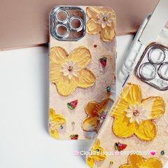 Case Ốp điện thoại iPhone HOA Nền Vàng Hologram Bảo vệ Camera Đính Đá iPhone 11/12/13/14/15/Pro/Promax