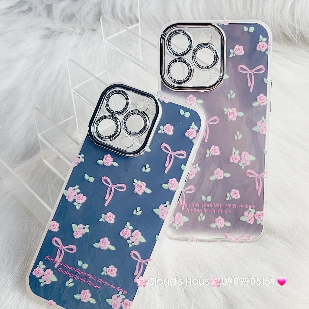 Case Ốp điện thoại iPhone Gương Nơ Hoa Camera đính đá kèm bảo vệ camera hologram iPhone 11/12/13/14/15/Pro/Promax