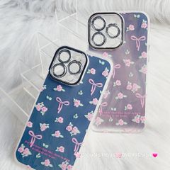 Case Ốp điện thoại iPhone Gương Nơ Hoa Camera đính đá kèm bảo vệ camera hologram iPhone 11/12/13/14/15/Pro/Promax