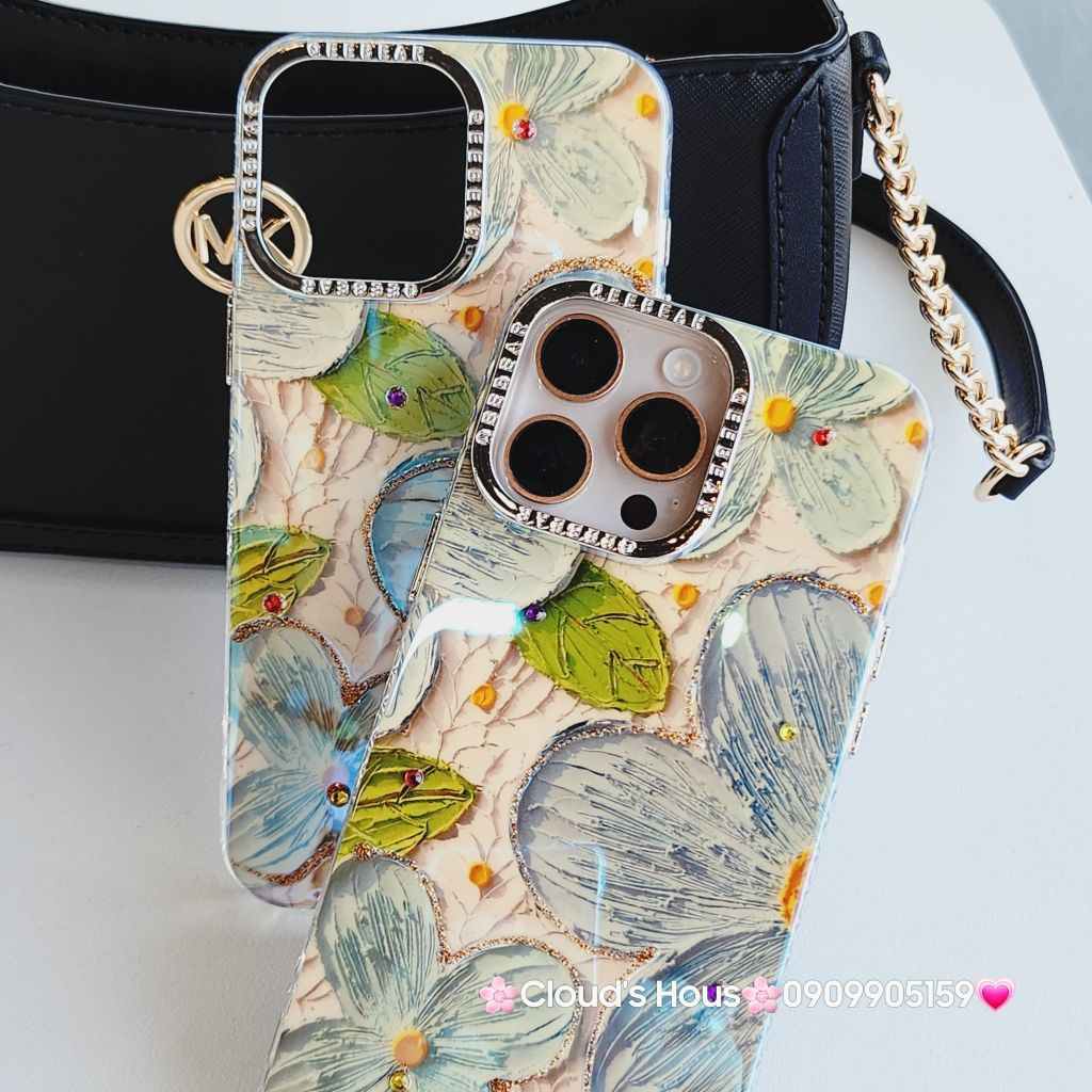 Case Ốp điện thoại iPhone Hoa Xanh To Hologram Nền Vàng iPhone 12/13/14/15/16Pro/Promax