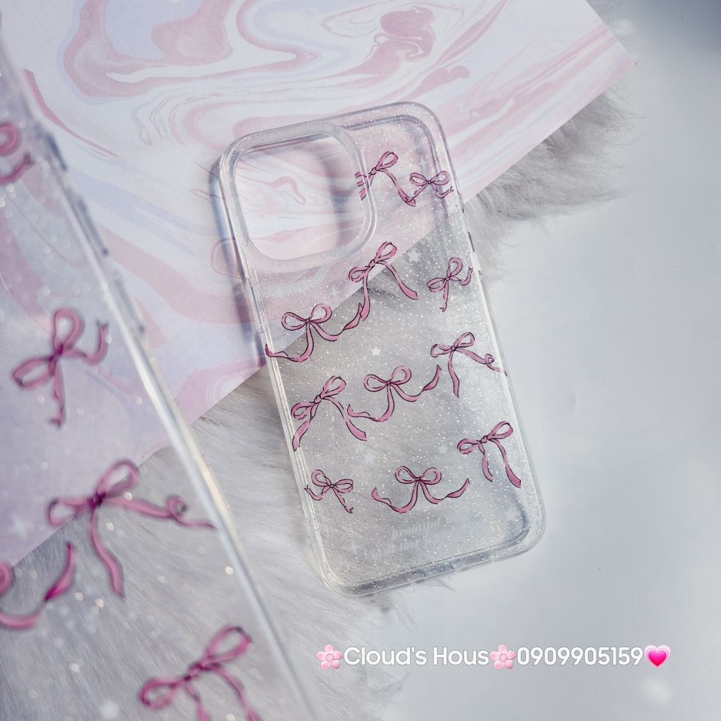 Case Ốp điện thoại iPhone Nơ Hồng Trong Kim Tuyến Bling bling iPhone 11/12/13/14/15/Pro/Promax