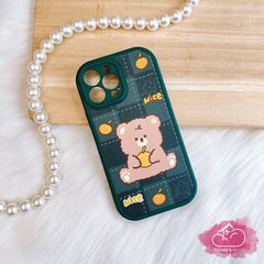 Case Ốp điện thoại iPhone Gấu Nice nền xanh & Nơ đỏ icon nổi Nhám Da iPhone 11/12/13/14/Plus/Pro/Promax