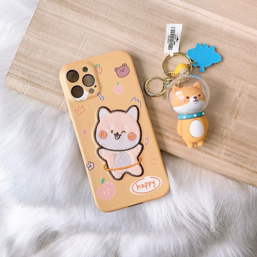 Case Ốp điện thoại nhám da iPhone Chó Bulldog Thêu nổi  (màu Vàng)