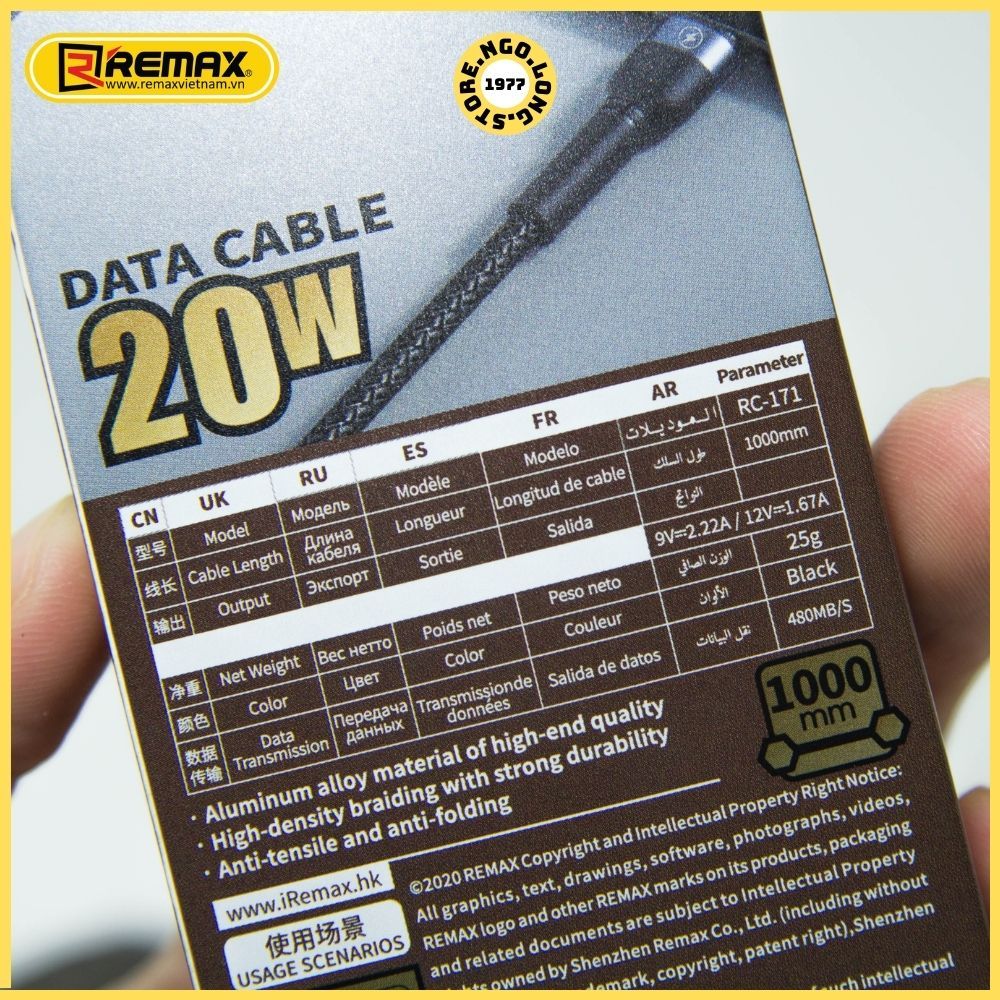 Cáp Sạc Nhanh Remax RC-171 20W 1M TypeC to Lightning
