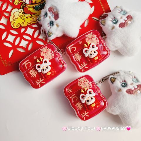 Cover Case Vỏ bảo vệ Airpod Lân Đỏ Cầm Thỏi Vàng Airpod 1/2/3/Pro/Pro2 - TẾT