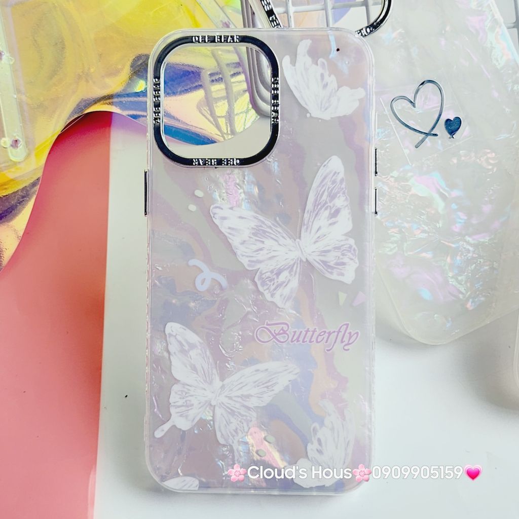Case Ốp điện thoại iPhone Bướm Trắng Butterfly Ánh Xà Cừ Nền Hồng kèm bảo vệ camera đính đá iPhone 11/12/13/14/15/Pro/Promax