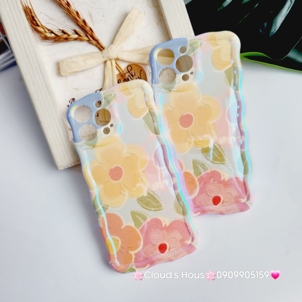 Case Ốp điện thoại iPhone Hoa Hologram Nền Xanh lá Viền Gợn Sóng iPhone 11/12/13/14/15/Pro/Promax