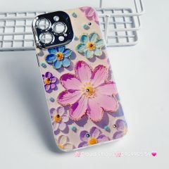 Case Ốp điện thoại iPhone Hoa To Hologram Nền Tím Viền Camera đính đá Classic iPhone 11/12/13/14/15/Pro/Plus/Promax