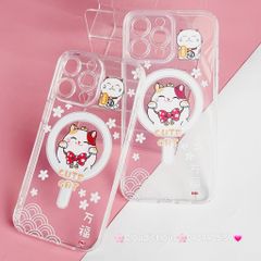 Case Ốp điện thoại iPhone Trong Magsafe Mèo may mắn Cute Cat kèm Popsocket iPhone 11/12/13/14/15/Pro/Plus/Promax - TẾT