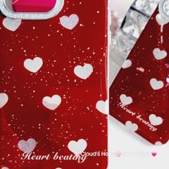 Case Ốp điện thoại iPhone Trái Tim Bạc Nền Đỏ Camera Viền Đính đá kèm bảo vệ Camera iPhone 11/12/13/14/15/Pro/Promax