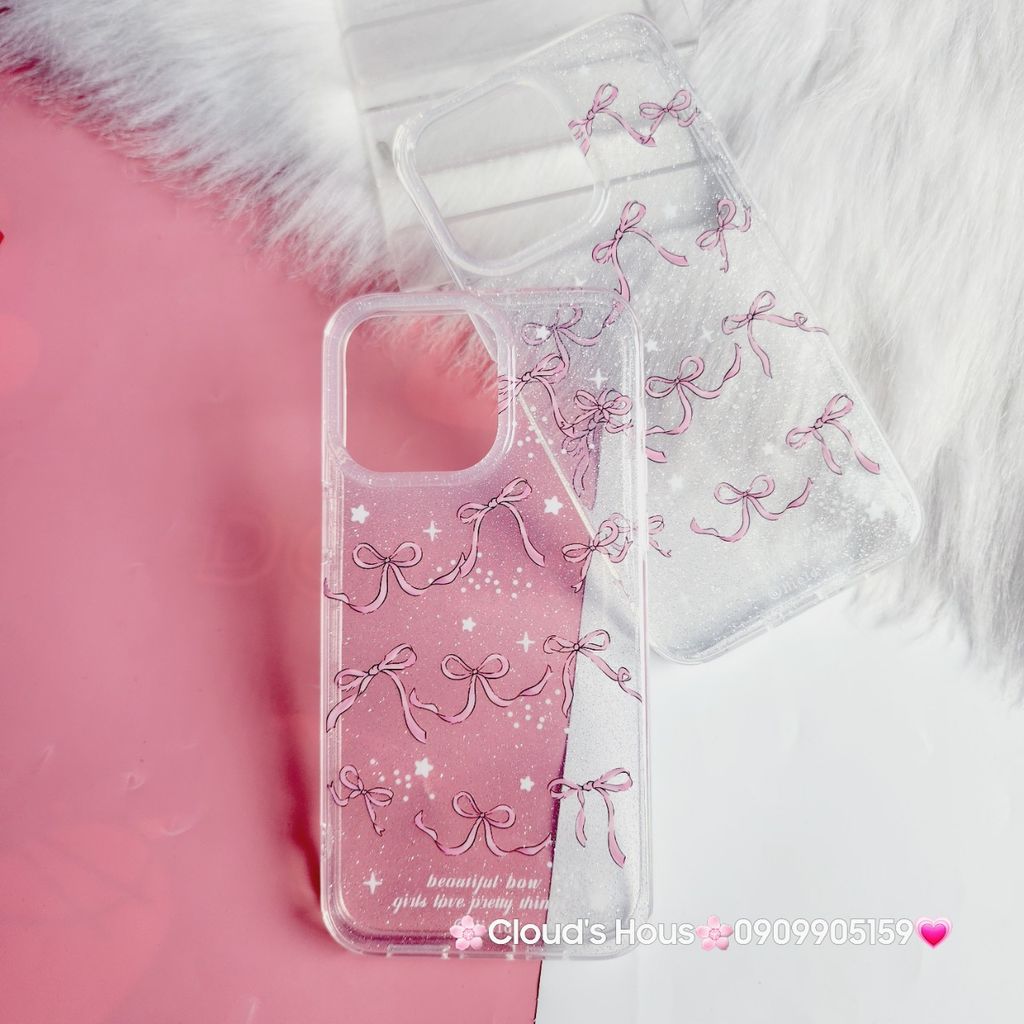 Case Ốp điện thoại iPhone Nơ Hồng Trong Kim Tuyến Bling bling iPhone 11/12/13/14/15/Pro/Promax