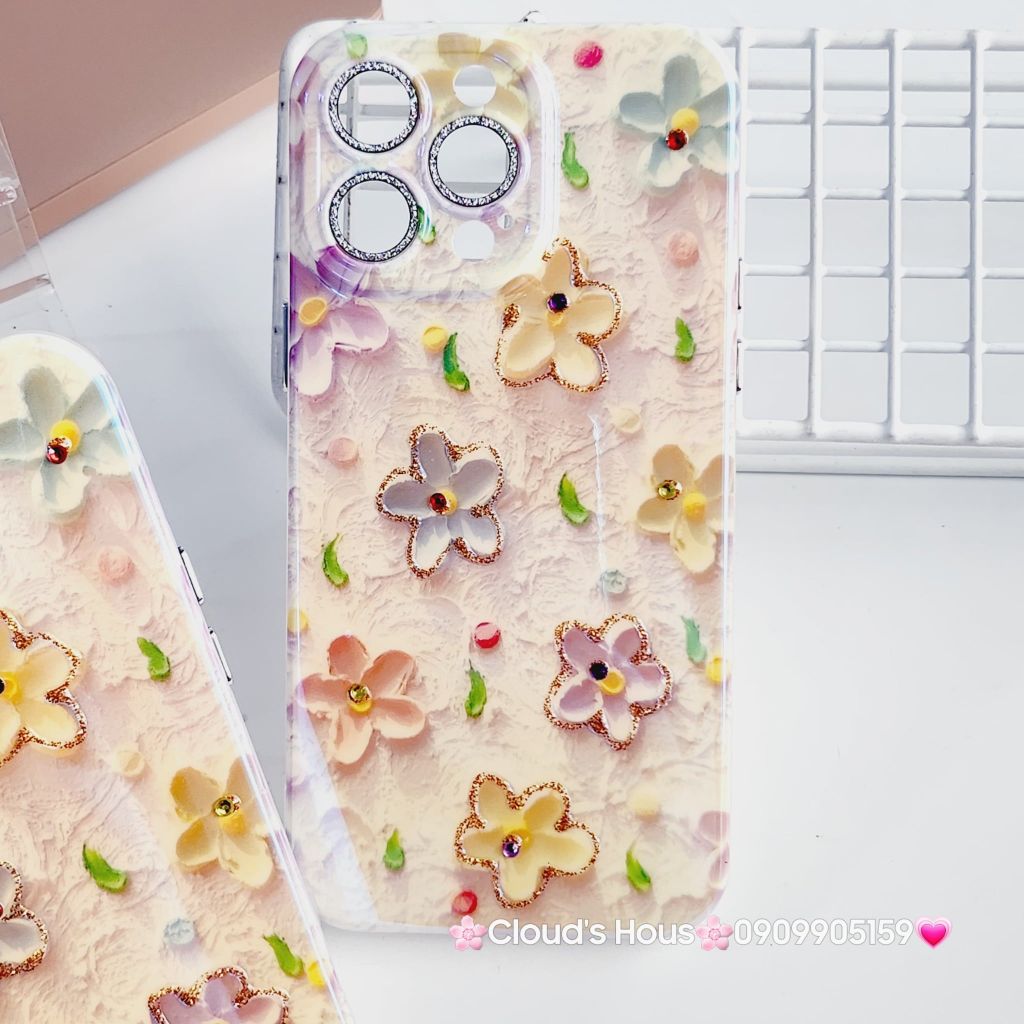 Case Ốp điện thoại iPhone Hoa Hologram nền vàng viền nhám bảo vệ cụm camera đính đá iPhone 11/12/13/14/15/Pro/Promax